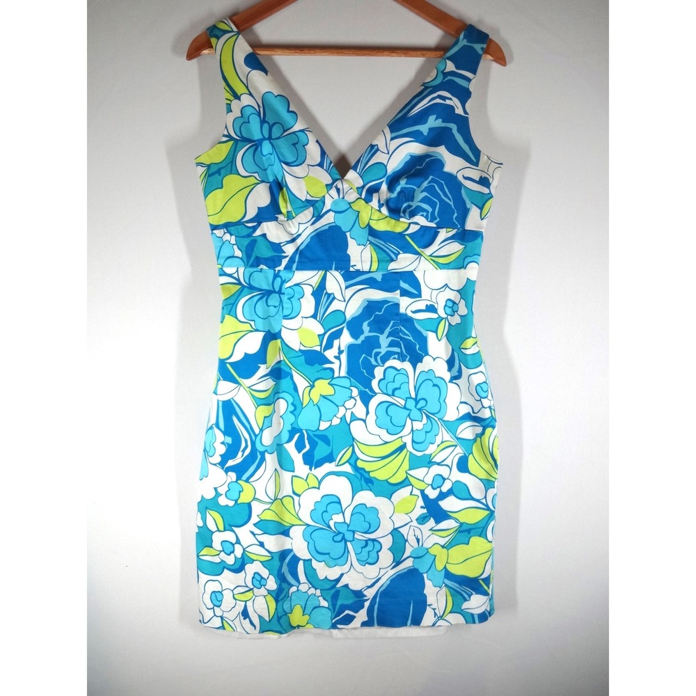Jessica Howard Floral Sheath Dress 10 Blue Green V-Neck Summer Preppy Bold